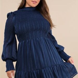 Lulu's Heartful Romance Navy Striped Smocked Long Sleeve Mini Dress